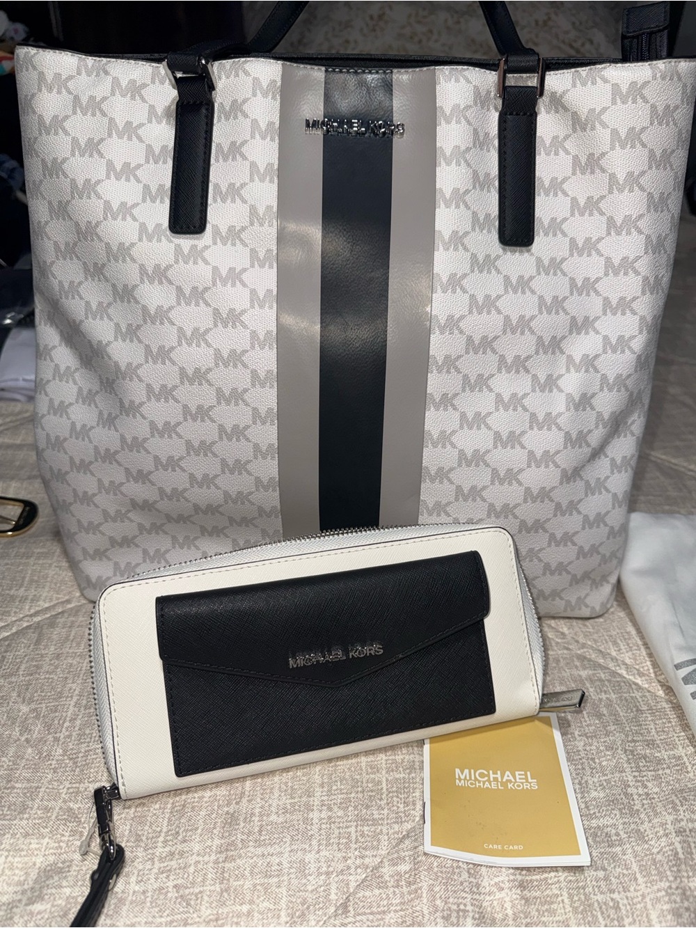 Michael Kors Cream Tote with Black & Gray Center Stripe and Matching Wallet